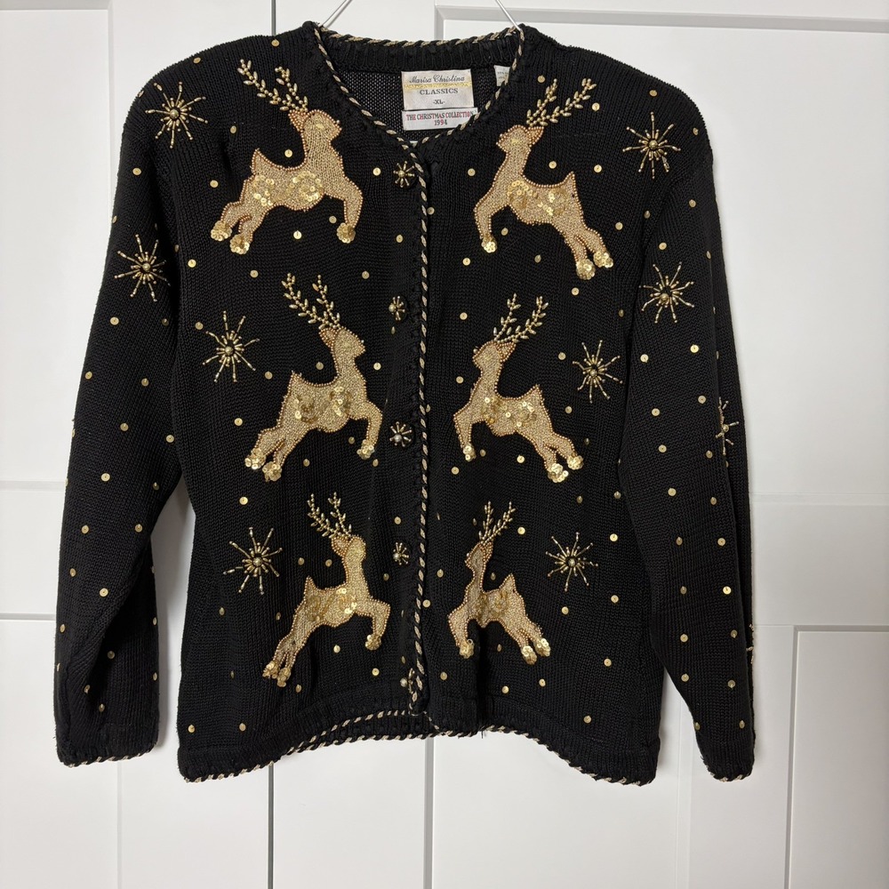 Marisa Christina 1994 Christmas Collection Beaded Sequin Cardigan Gold Reindeer
